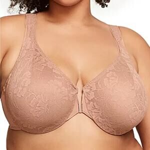 Glamorise Lacey T‎ Back Front Close Wonderwire Underwire Bra 42F Dark Nude Beige